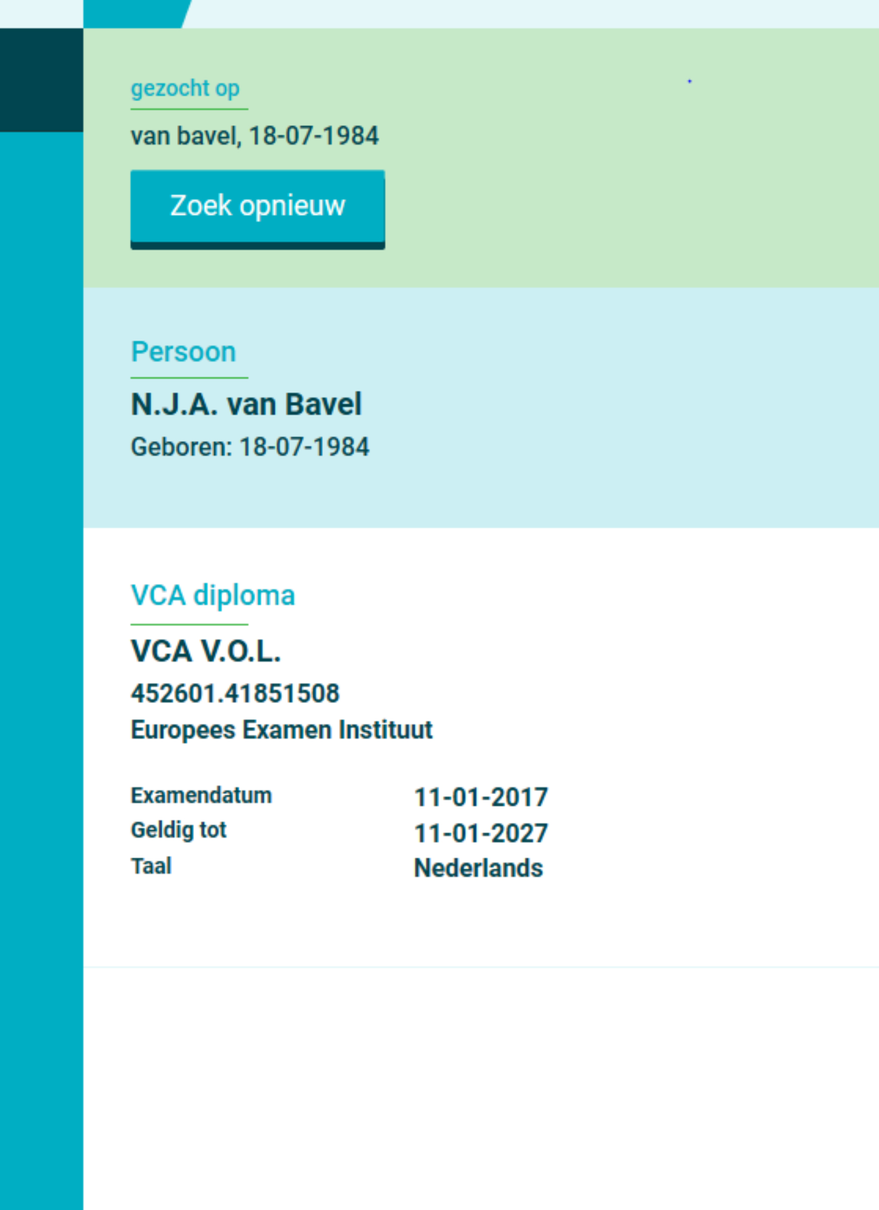 VCA diploma Bert van Bavel