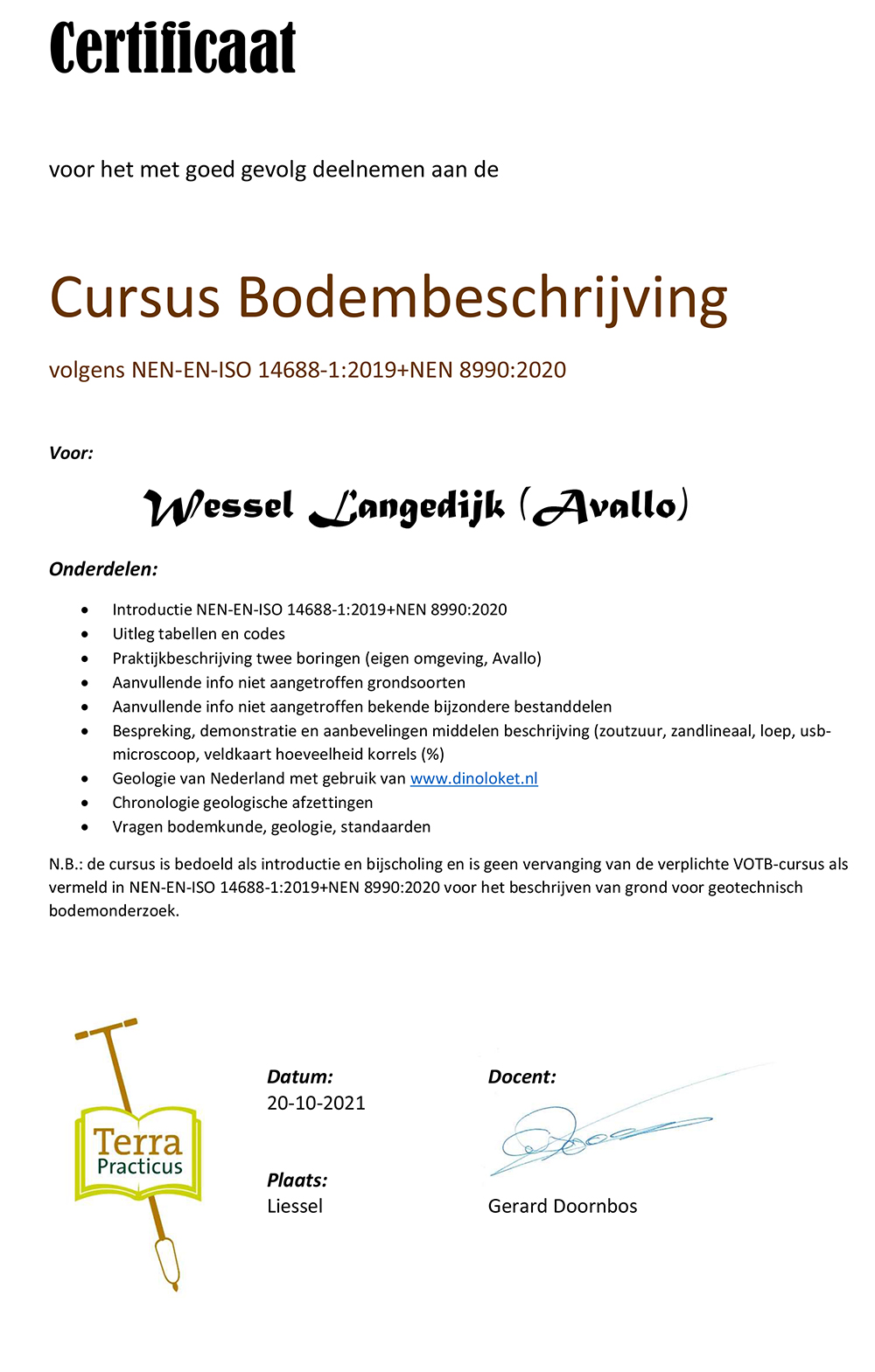 Certificaat bodembeschrijving Wessel Langendijk